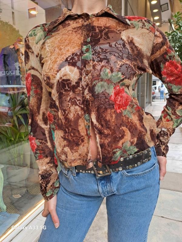 vintage semi sheer stretch patterned shirt with velvet details - Image 2