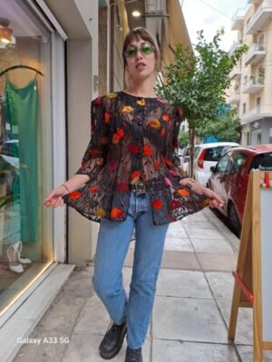 vintage floral tranparent asymetrical shirt/tunic