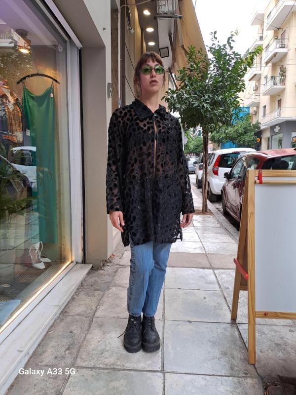 vintage black sheer shirt/tunic with metallic fibres