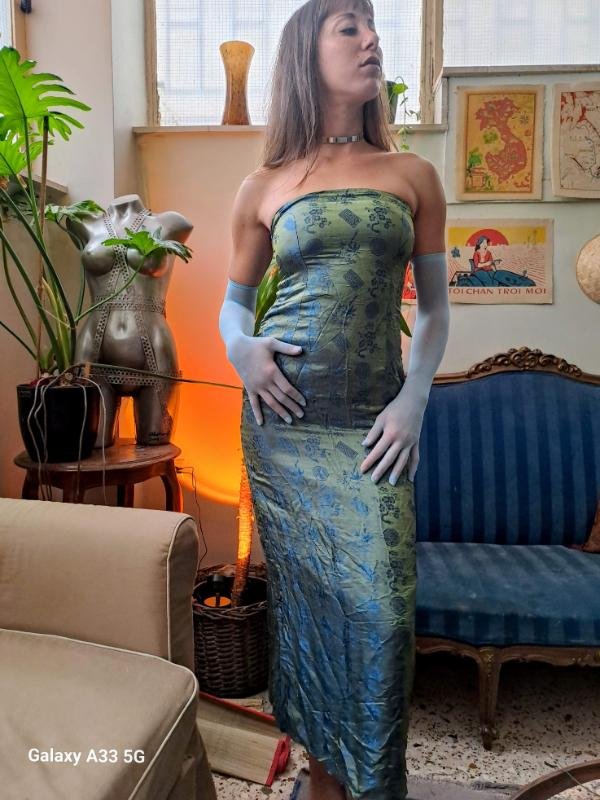 vintage maxi straples japanese style shiny olive/green &blue dress - Image 4
