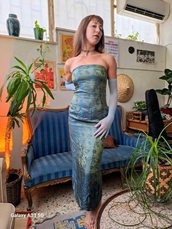 vintage maxi straples japanese style shiny olive/green &blue dress - Image 3