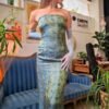 vintage maxi straples japanese style shiny olive/green &blue dress