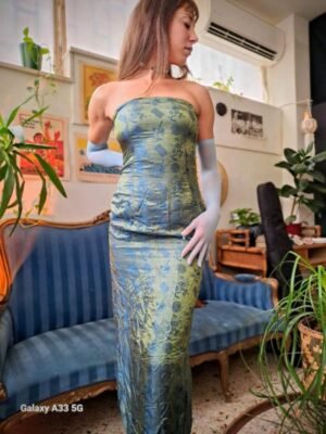 vintage maxi straples japanese style shiny olive/green &blue dress