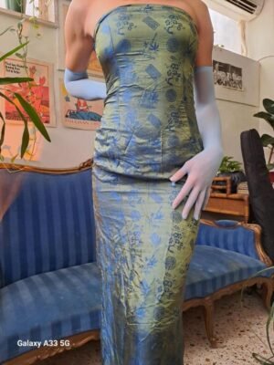 Alternative view of vintage maxi straples japanese style shiny olive/green &blue dress