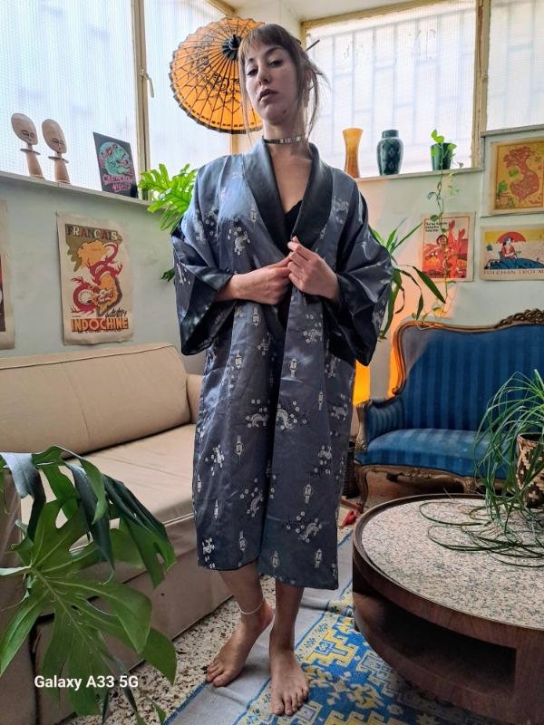 vintage reversible satin charcoal grey kimono robe