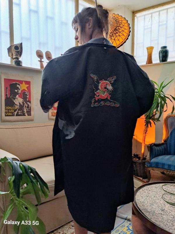 vintage reversible satin charcoal grey kimono robe - Image 2