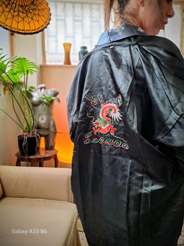vintage reversible satin charcoal grey kimono robe - Image 3