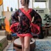 vintage red and black kimono style blouse with wide sleeves