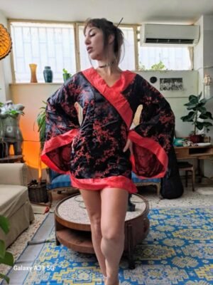 vintage red and black kimono style blouse with wide sleeves
