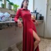 70's boho chic, long red dress with floral embroidery on the chest and a button down front