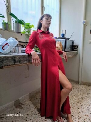 70's boho chic, long red dress with floral embroidery on the chest and a button down front
