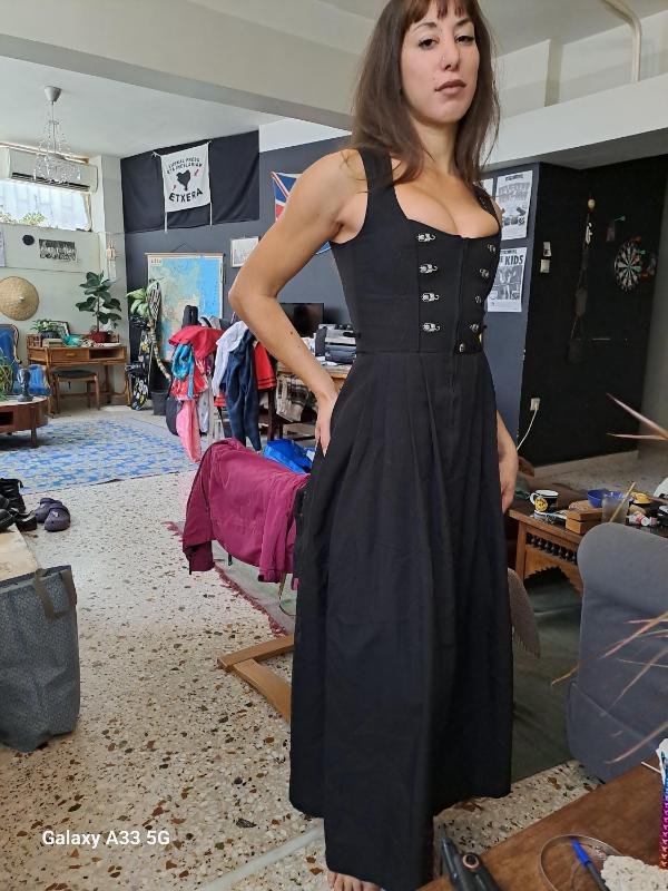 vintage black sleeveless corset style midi dress with metal clasp details and a flared skirt - Image 2