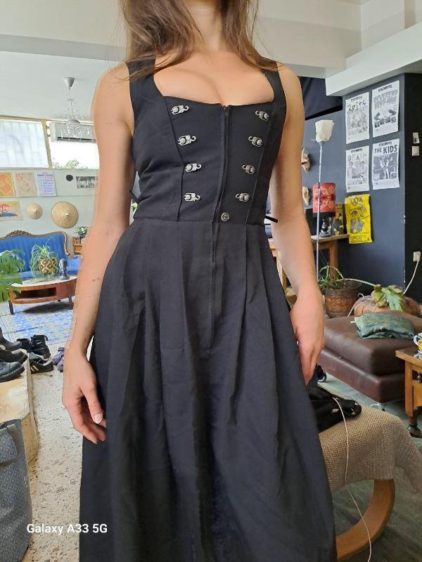 vintage black sleeveless corset style midi dress with metal clasp details and a flared skirt - Image 5