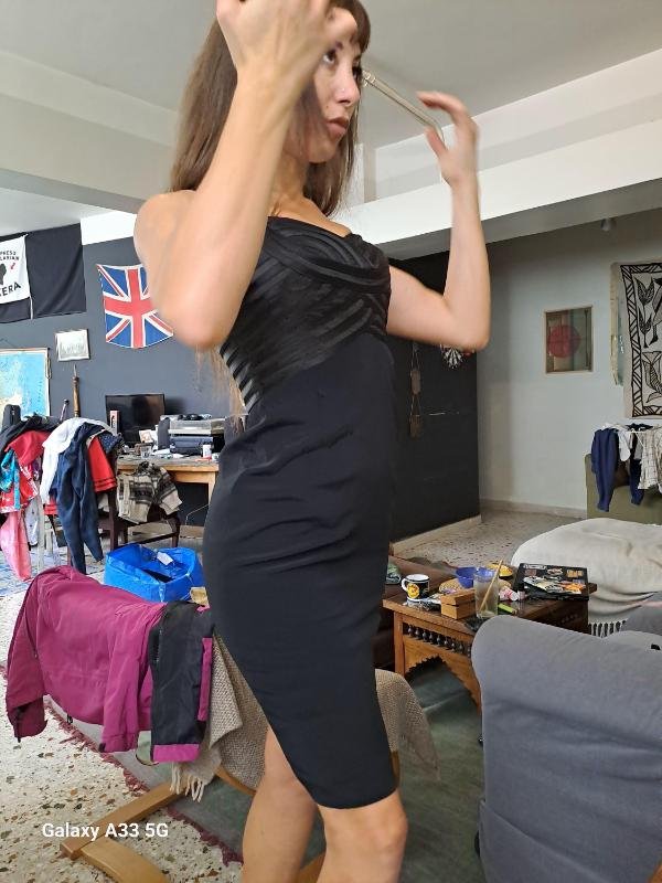 vintage black bodycone cocktail dress with wide straps and a draped sweetheart neckline - Image 4