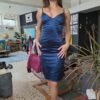 vintage fitted, satin navy blue cocktail dress with spaghetti straps and a fishtail hem