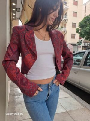 vintage ethnic pink-red patterned cropped blazer
