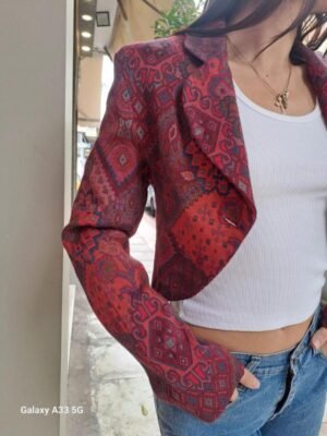 Alternative view of vintage ethnic pink-red patterned cropped blazer