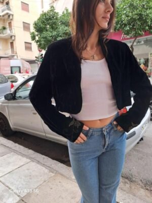 vintage black silk/viscose velvet cropped blazer with embroided cuffs