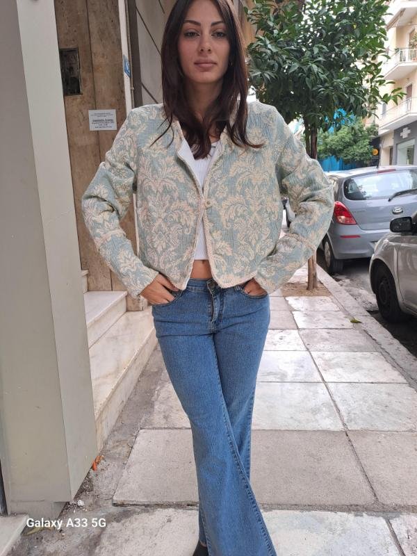 vintage pastel light blue brocade cropped blazer - Image 3