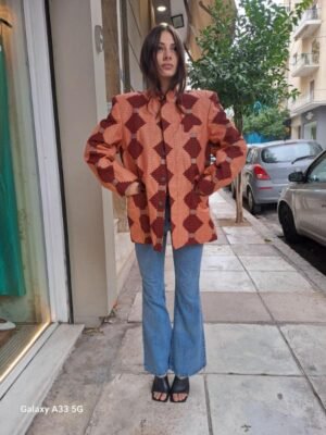 vintage glitterish geometrical patterned structured blazer with padded shoulders