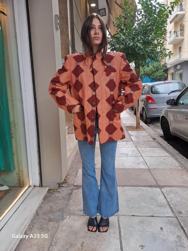 vintage glitterish geometrical patterned structured blazer with padded shoulders