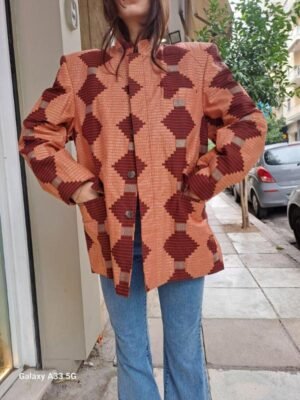 Alternative view of vintage glitterish geometrical patterned structured blazer with padded shoulders