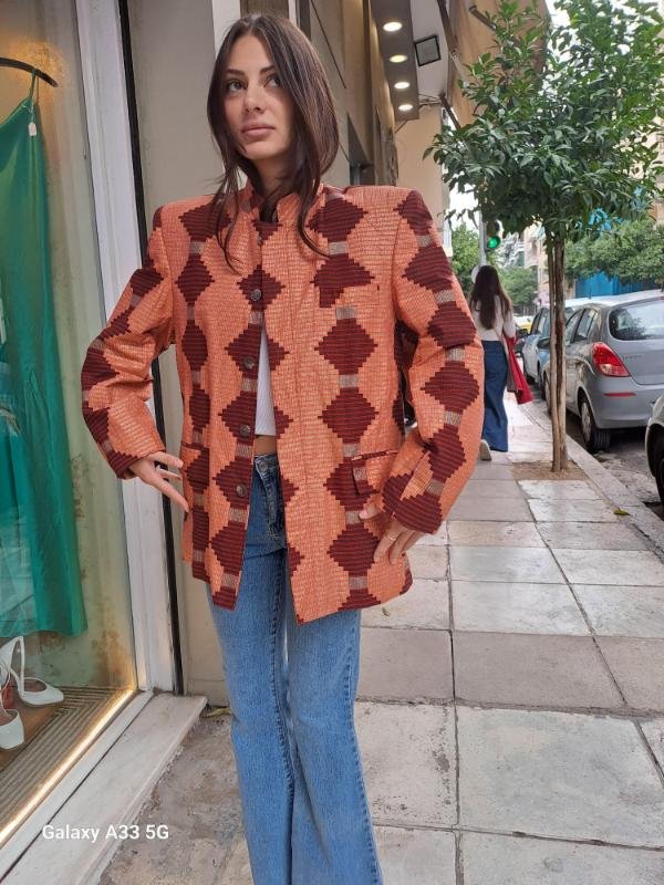 vintage glitterish geometrical patterned structured blazer with padded shoulders - Image 3