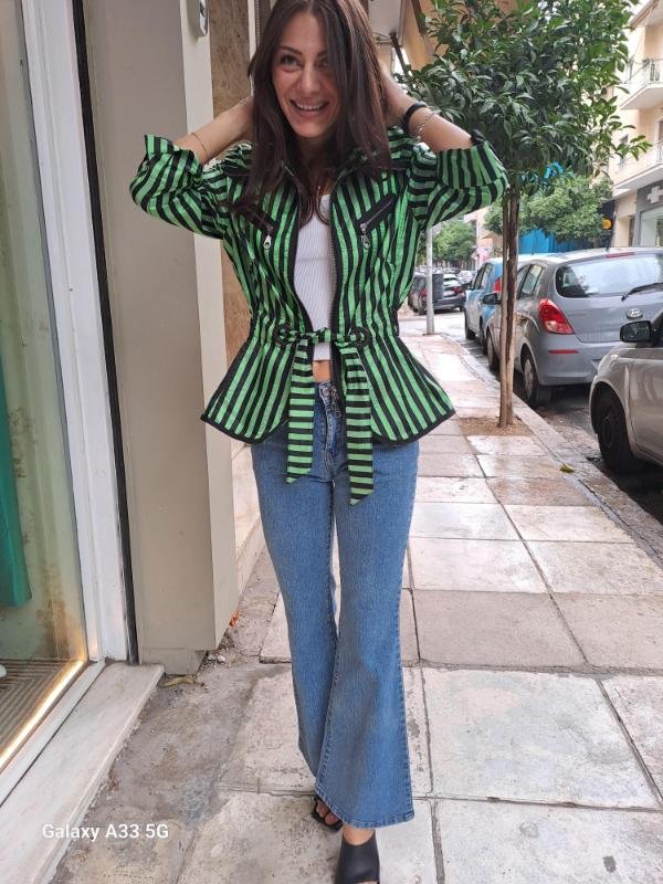vintage green black stripped belted stripped jacket with front zippers and high collar - Image 4