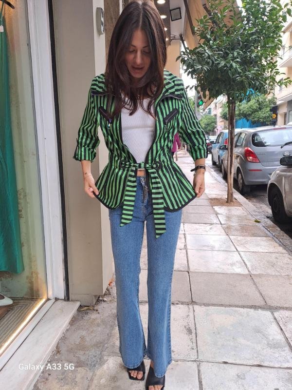vintage green black stripped belted stripped jacket with front zippers and high collar - Image 3