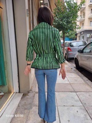 Alternative view of vintage green black stripped belted stripped jacket with front zippers and high collar