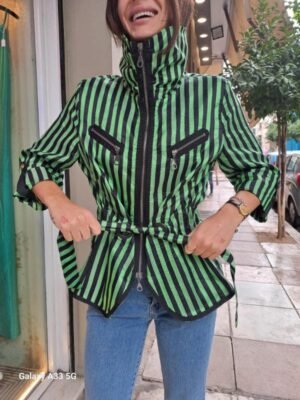 vintage green black stripped jacket with front zippers and high collar