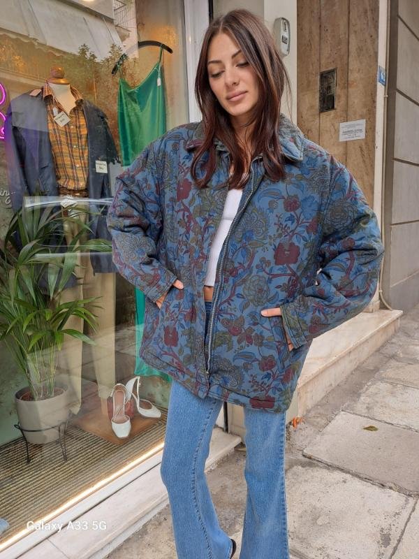 vintage blue floral puffer jacket