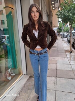 Alternative view of vintage brown velvet fitted, cropped blazer, single button closure