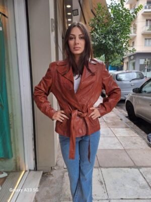 vintage cinnamon brown belted leather jacket