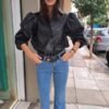 vintage black puff sleeve faux leather shirt