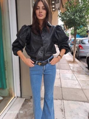 vintage black puff sleeve faux leather shirt