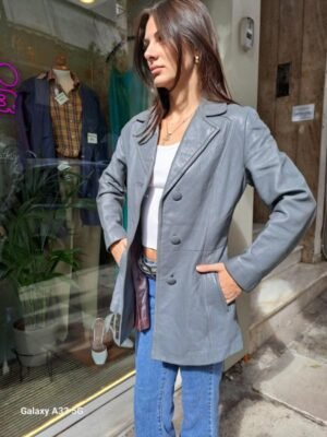 Alternative view of vintage grey leather blazer with fitted waist