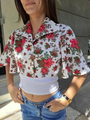 Alternative view of 70's vintage floral cropped shirt with wide sleeves