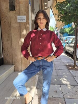 vintage burgundy floral shirt with lace collar