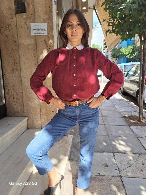 vintage cotton burgundy floral shirt with lace collar - Image 4