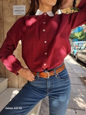 Alternative view of vintage cotton burgundy floral shirt with lace collar