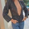 vintage striped metallic deep V blouse with a tie waist