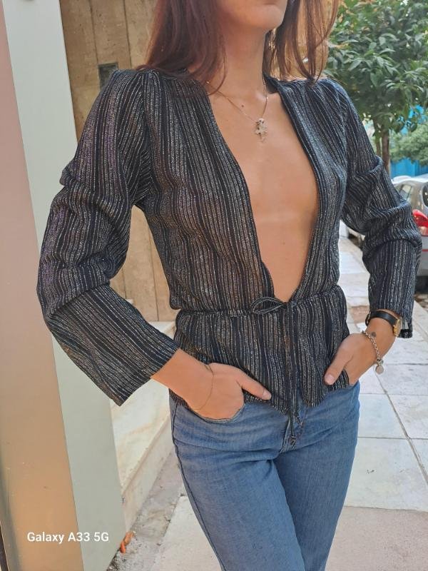 vintage striped metallic deep V blouse with a tie waist