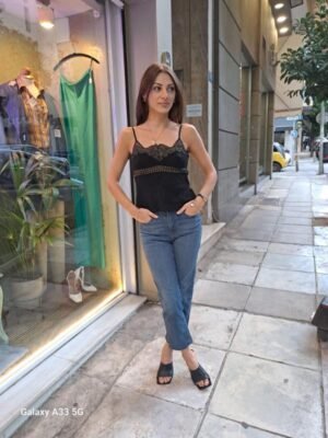 Alternative view of vintage black lace camisol with adjustable straps, golden trim and back hook closure