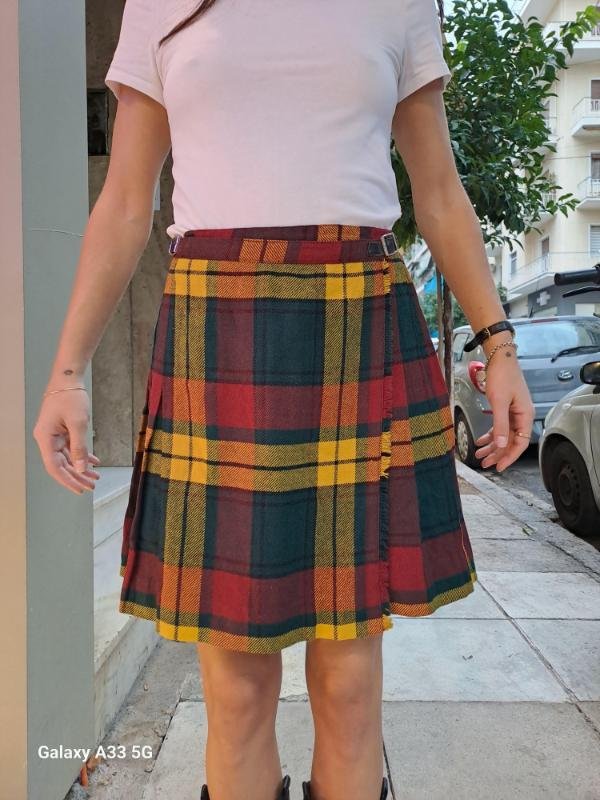 vintage tartan mini skirt with pleats & side buckle details - Image 5