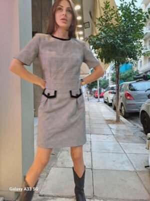 Alternative view of vintage check mini dress with black velvet trims and front pocket details