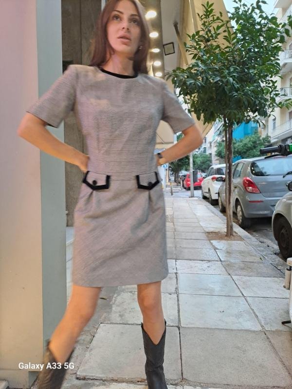 vintage check mini dress with black velvet trims and front pocket details - Image 2