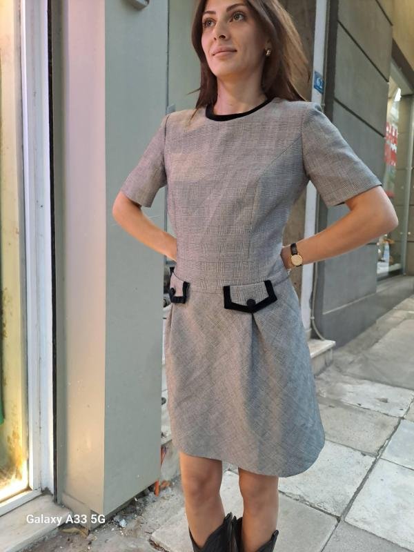 vintage check mini dress with black velvet trims and front pocket details - Image 3