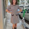 vintage check mini dress with black velvet trims and front pocket details