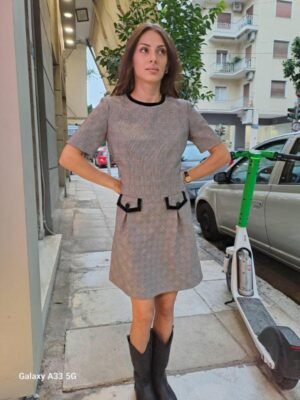 vintage check mini dress with black velvet trims and front pocket details